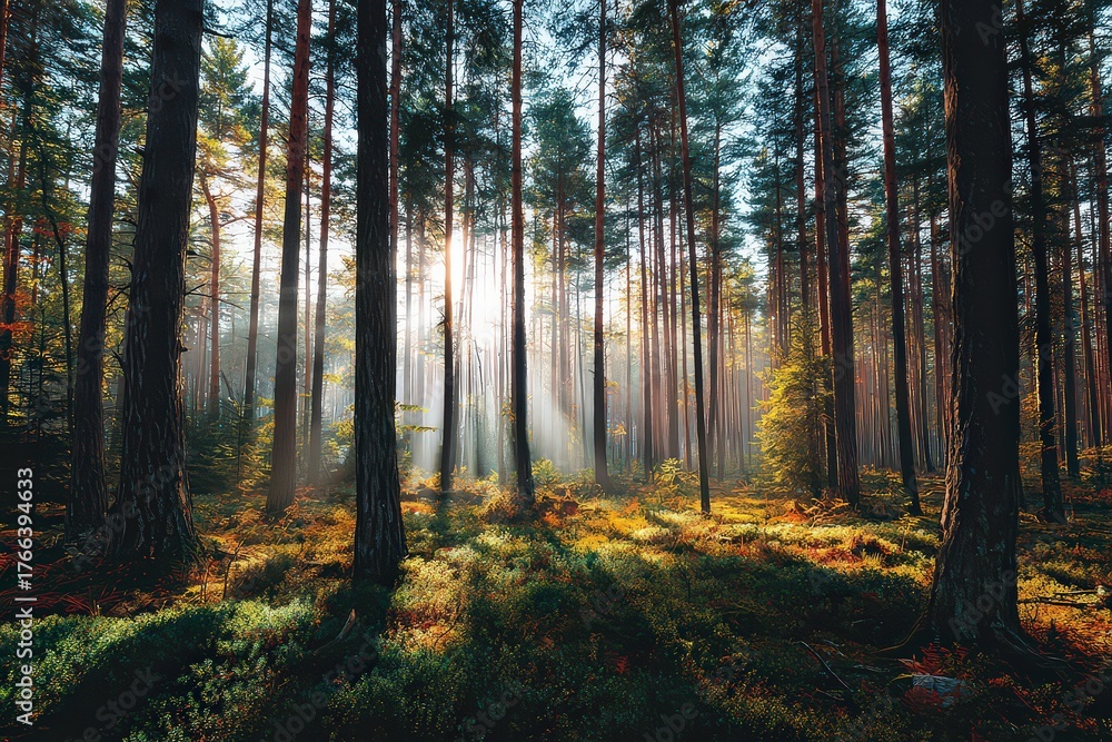 Fototapeta premium Sunlight Filtering Through Tall Pine Trees in Dense Forest with Lush Green Undergrowth on Sunny Day