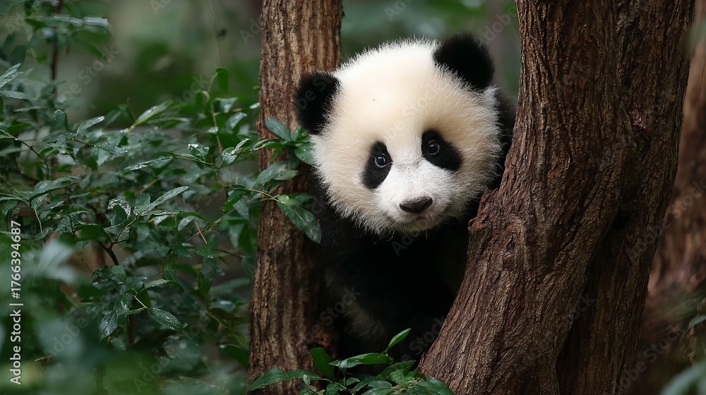 Fototapeta premium Adorable baby panda peeking from tree branches, captivating with innocent eyes and fluffy fur