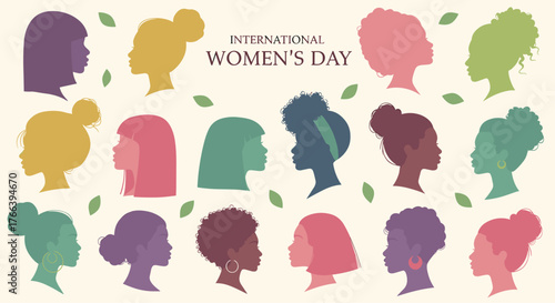 Celebrate International Women's Day with stunning, diverse silhouettes representing female strength, unity, and empowerment in a vibrant vector design