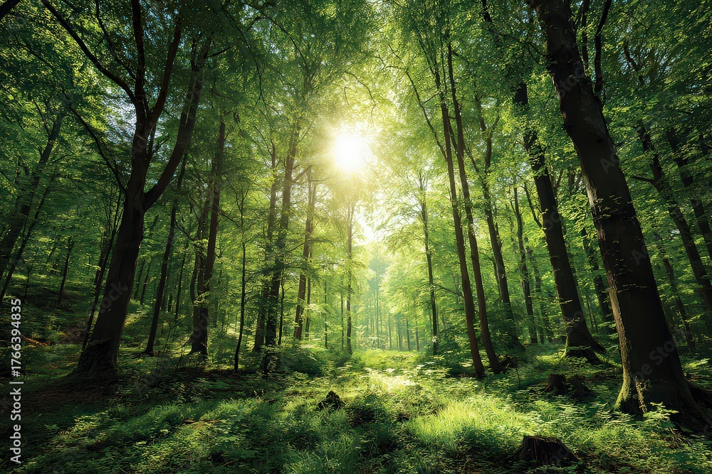 Obraz premium Lush Green Forest with Sunlight Filtering Through Trees in Springtime View with a Focus on Tall Trees and Sunlight Against Blue Sky