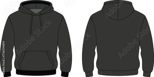 Black hoodie front and back view, plain pullover sweatshirt with drawstring hood and pocket, blank fashion apparel mockup template design.