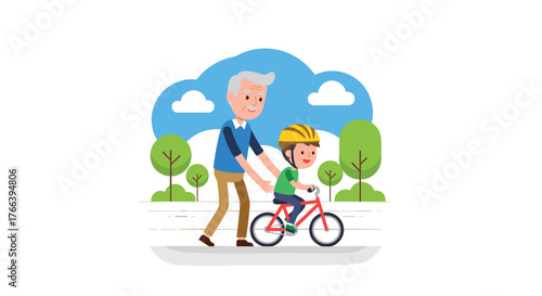Supportive grandfather teaching grandson to ride a bike in the park on a sunny day, creating precious memories and fostering family bonds