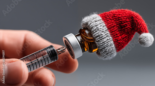 Conceptual image of syringe with vaccine and christmas hat.