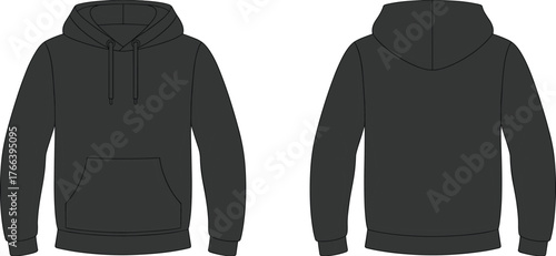 Black hoodie front and back view, plain pullover sweatshirt with hood and pocket, blank apparel mockup for fashion design template.