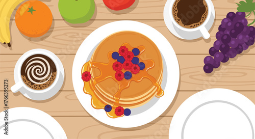 A delightful brunch with fluffy pancakes, fresh fruit, and aromatic coffee for a perfect start to your day with loved ones at home