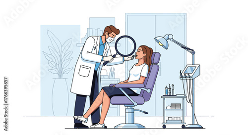 Professional dental checkup with caring dentist examining patient teeth using magnifying glass in bright clean office environment for oral health
