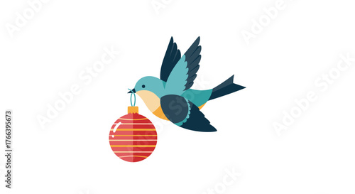 Adorable bluebird delivering a red and gold Christmas ornament for your holiday designs and festive projects perfect for cards and invitations