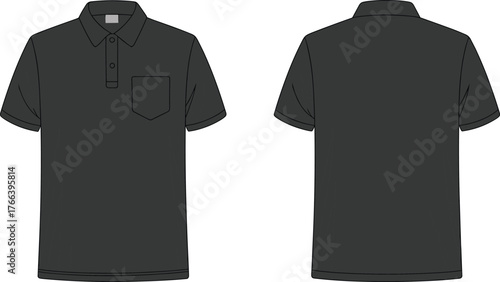 Black polo shirt front and back view, short sleeve casual design with collar and pocket, blank apparel template for fashion mockup.