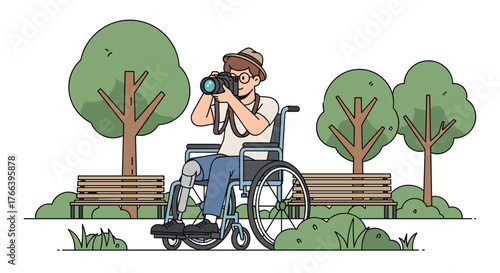 A disabled photographer capturing nature's beauty in the park during a summer day, promoting accessibility
