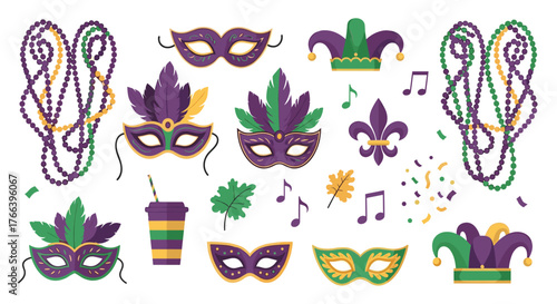 Celebrate with festive Mardi Gras masks, beads, and hats for a vibrant carnival party, a fun and colorful occasion, or a jubilant holiday celebration
