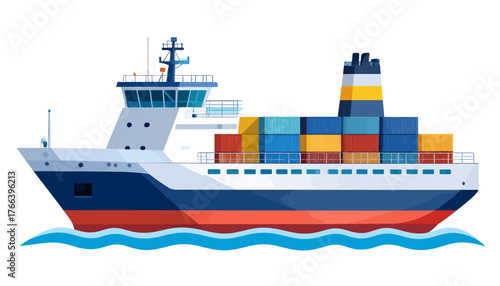 Stylized vector illustration of a modern cargo vessel carrying shipping containers on the ocean waves.
