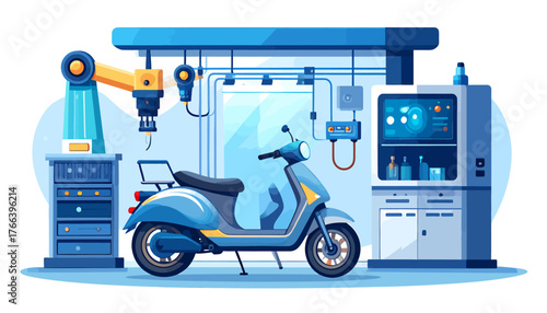 A blue scooter positioned in a modern, automated factory setting with a robotic arm and advanced machinery for assembly or repair.
