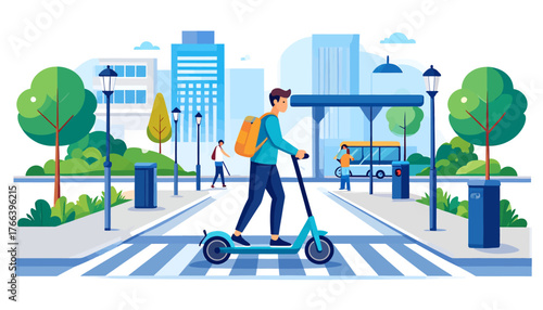 Man riding an electric scooter on a crosswalk in a modern city with buildings, trees, and a bus stop in the background.