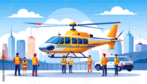 A yellow and white helicopter on a helipad with ground crew and emergency personnel in a modern city setting.