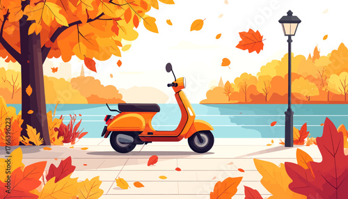 An orange scooter parked on a paved path in a vibrant autumn park with colorful falling leaves, a tranquil river, and a classic street lamp.