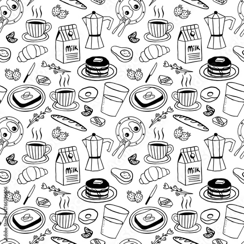 Breakfast Lineart Seamless Pattern in Black and white