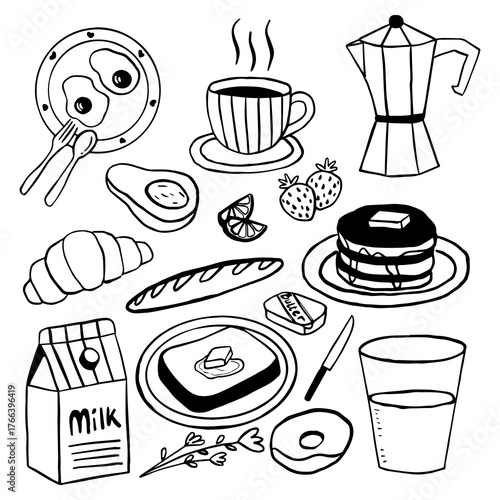 Hand drawn breakfast doodle set black and white line art food illustration