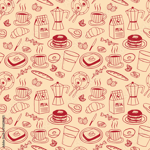 Seamless breakfast doodle pattern  cozy cafe hand drawn food design