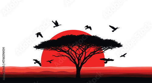 Stunning African sunset scene with silhouetted acacia tree and birds in flight for travel inspiration or nature themed project use beautifully