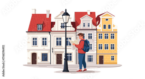 Young tourist exploring charming European city streets with map and backpack enjoying architecture and vibrant colors on a sunny day