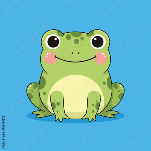 Cute cartoon frog with rosy cheeks on blue background