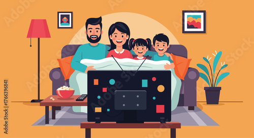 Happy family snuggling on the sofa, enjoying a movie night with popcorn and quality time together in their cozy home, creating lasting memories