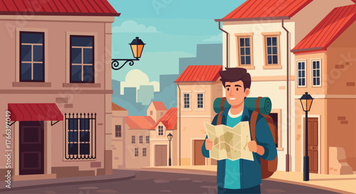 Adventurous young traveler exploring vibrant European city streets with backpack and map on sunny day for travel blog or tourism promotion