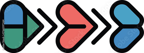Flowing Treatment Capsules Vector Icons Convey Medical Progression and Pharma Development with Bold Outlines