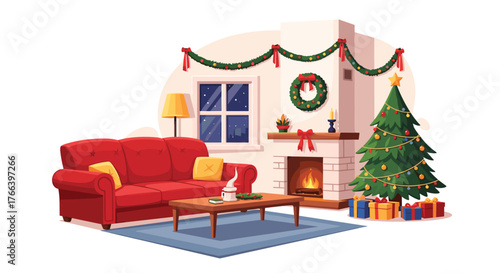 Cozy Christmas eve in a festive living room with a crackling fireplace, decorated tree, and presents ready for the holiday celebration