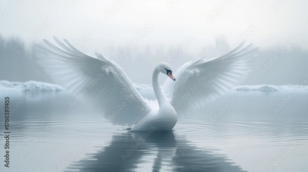 Fototapeta premium A white swan spreading its wings on a misty lake with trees blurred in the background during daytime