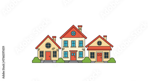 Charming cartoon houses lined up in a neat row, perfect for real estate, neighborhood or community concept illustrations and designs now