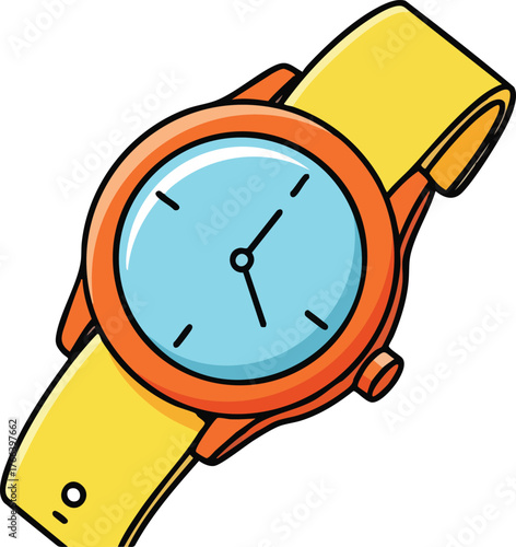 Orange Analog Wristwatch With Blue Face and Yellow Band Isolated On White Background