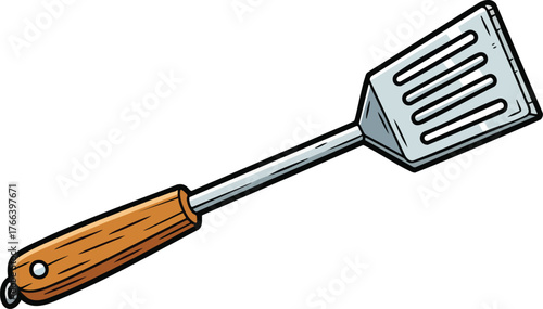 Kitchen Spatula With Wooden Handle And Metal Flipper On White Background