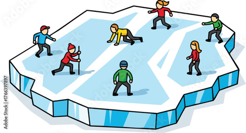 Pixel Art Style Group Ice Skating Activity on Frozen Water Surface with Blue and White Tones and Multiple People Engaged in Sports