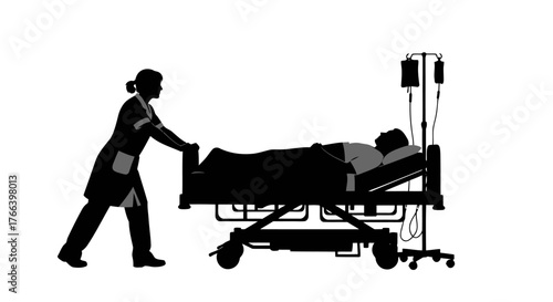 Caring nurse skillfully transports patient on hospital bed with IV drip, symbolizing healthcare dedication and recovery journeys.