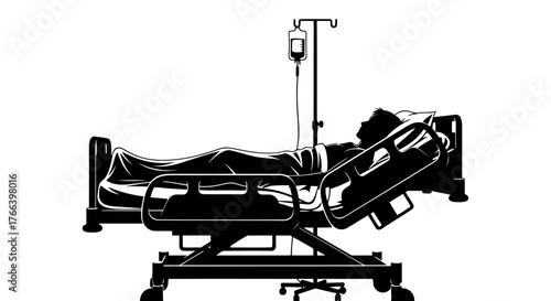 Silhouette of patient resting in hospital bed with IV drip, conveying vulnerability and medical care in a stark, symbolic depiction.