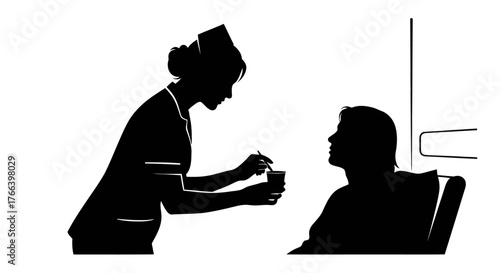 Caring nurse gently offers medicine to a patient, symbolizing compassion and dedicated healthcare support for recovery and well-being.