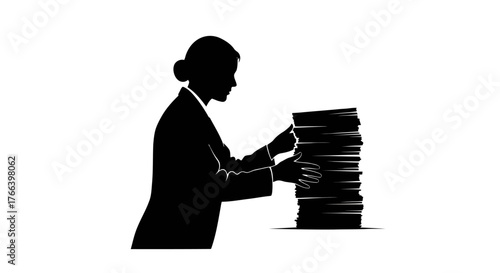 Overwhelmed businesswoman struggles with enormous stack of paperwork, symbolizing workload and stress in professional life.