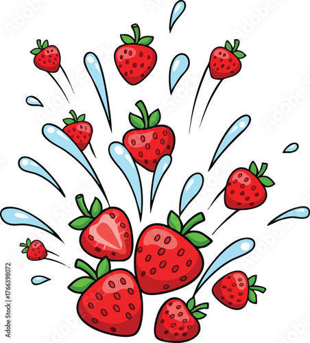Red Strawberries Exploding With Water Splashes Against A White Background Dynamic Motion