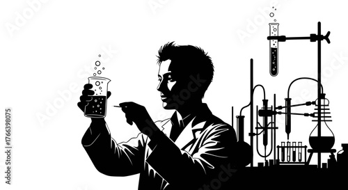 Dedicated scientist meticulously experiments with bubbling liquids in a modern laboratory setting, showcasing innovation and discovery.