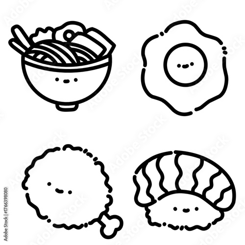Minimal kawaii doodle of noodle bowl and fried egg, representing cozy Asian comfort food illustration.