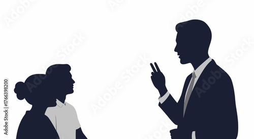 Confident businessman leading a team meeting, demonstrating progress with two fingers, fostering collaboration and strategic discussion in a modern professional setting.