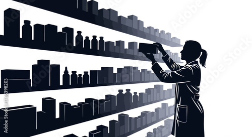 Professional pharmacist carefully arranging medication on shelves in modern pharmacy, ensuring patient care and inventory accuracy