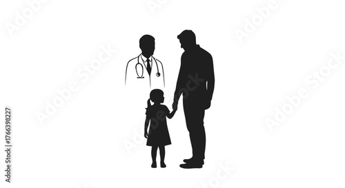 Caring doctor stands with father and child symbolizing trust and family healthcare in a modern medical setting