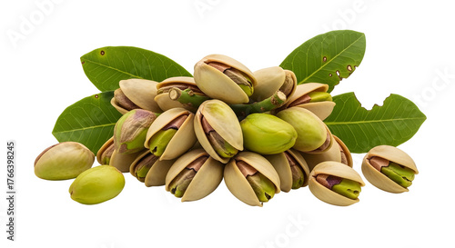 Pile of pistachios isolated on transparent background fresh, healthy snack with green leaves and open shells
