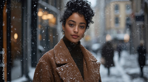 A woman with curly hair in a winter coat poses on a snowy city street