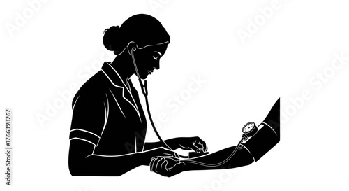 Caring nurse meticulously checks patient's blood pressure with stethoscope and sphygmomanometer, symbolizing health and medical care