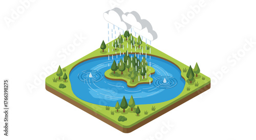 Isometric nature scene with rain falling over a tranquil island oasis surrounded by water, perfect for backgrounds or educational content