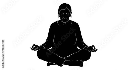 Serene elderly woman finding inner peace through mindful meditation in a tranquil setting, radiating calm and wisdom