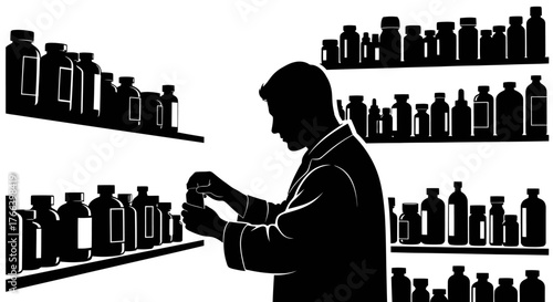 Professional pharmacist carefully handles medication bottles on shelves, symbolizing healthcare, pharmacy, and meticulous care in a sterile environment.